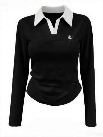 Rina Fox 女式休闲拼色骑士印花长袖T恤，秋季