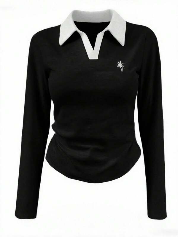 Rina Fox Women's Casual Colorblock Knight Print Long Sleeve T-Shirt, Autumn