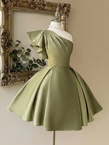 Lovelzi Elegant Luxury Asymmetrical Neck Cap Sleeve Ruched Satin Dress, Suitable For Weddings, Parties, Vacations, Bridal Gifts, Special Occasions, For Bride