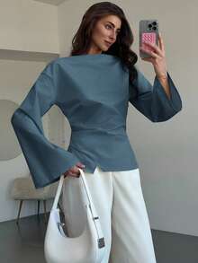 Aloruh Boat Neck Flared Sleeve Cropped Ruched Office Wear Women's Apricot Blouse - Blue - View 3