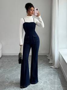 Siren Gaze 女式休闲时尚翻盖口袋高弹力喇叭腿牛仔连体裤，夏季 - 中等水洗藍 - 查看 2