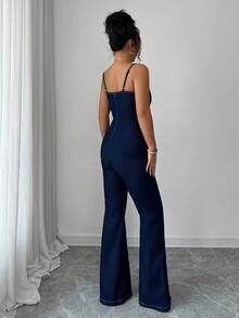 Siren Gaze 女式休闲时尚翻盖口袋高弹力喇叭腿牛仔连体裤，夏季 - 中等水洗藍 - 查看 4