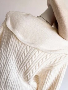 SHEIN 少女麻花图案金属花单排扣长袖针织开衫，秋冬款 - 米色 - 查看 4