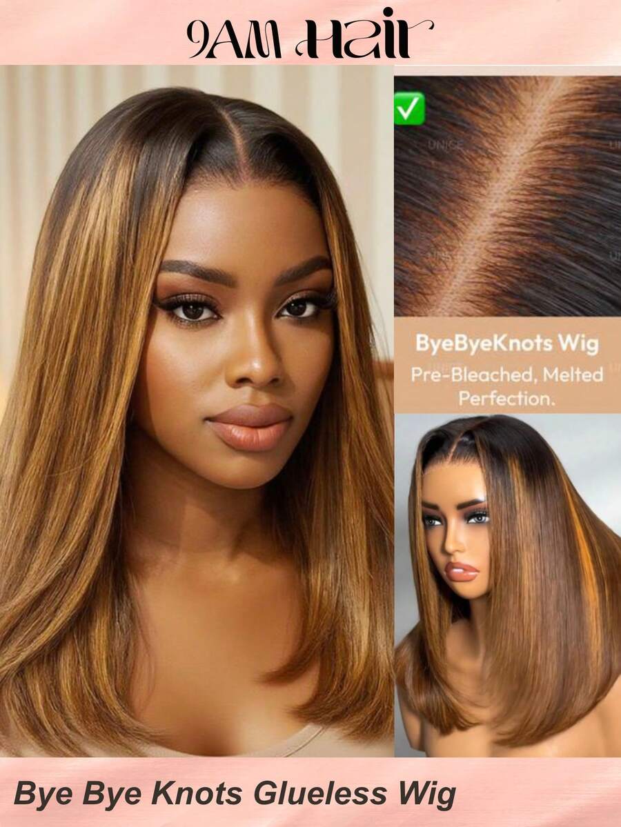 Bye Bye Knots 7x5 Lace Brown With Blonde Piano Highlights Straight Bob Wig With Dark Roots Glueless Bob Wigs 100% Human Hair Ready To Wear Pre Cut Pre Bleached Pre-Pluck Transparent Lace With Drawstring - S1/27 - View 1