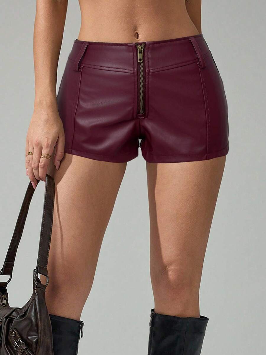 SHEIN Tall 女式纯色拉链紧身性感修身短裤 - 酒紅色 - 查看 1