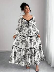 Elenzga 大码女式复古法式花卉印花连衣裙，高品质天鹅绒腰带 A 字裙，适合初秋 - 彩色 - 查看 4