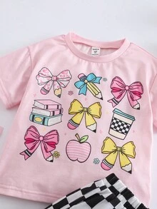 SHEIN 2Pcs/Set Young Girl Back To School Pencil And Bow Print Short Sleeve T-Shirt And Checkboard Pattern Shorts Set, Suitable For Summer Daily Wear - Baby Pink - View 4