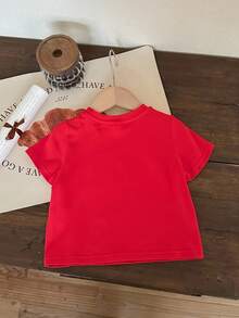 SHEIN Happikins Merry Christmas Baby Girl Red Summer Casual Graphic Family Matching Reindeer Print Crew Neck Short Sleeve T-Shirt,Cute Holiday Toddler Top - Multicolor - View 3