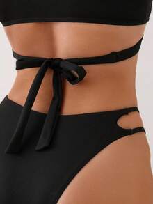SHEIN Swim Summer Beach Women's Solid Color Crossed Strap Separated Bikini Set - Black - View 4