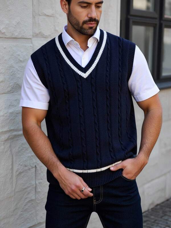 Manfinity Homme Plus Size Men's Casual V-Neck Knit Sweater Vest, For Fall Winter