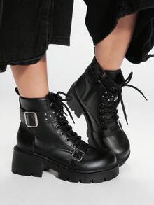 Sugerpunk 女式黑色侧拉链粗跟马靴，系带，皮带扣，暗摇滚朋克哥特风格踝靴和短靴 - 黑色 - 查看 5
