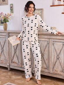 CottageSlumber Cheese-Color Reversible Fleece Fluffy Pajama Set With Black Heart Print For Women, Fall Winter Clothes - Beige - View 5