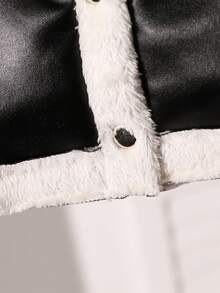 SHEIN Baby Girl Winter Casual Colorblock Plush Hooded Jacket - Black - View 7