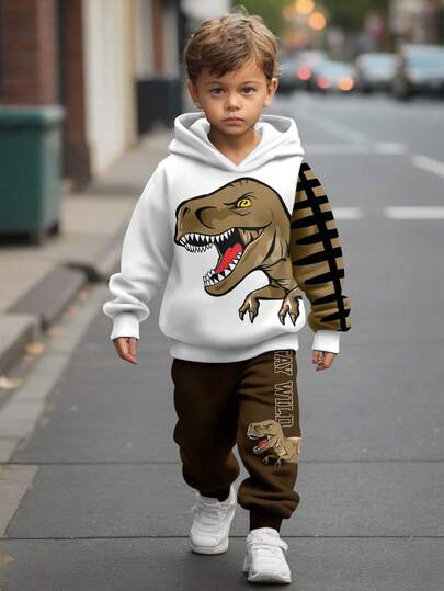 SHEIN 2pcs/Set Boys Loose Casual Cartoon Animal, Dinosaur, Landscape, 3D, Graffiti Oversized Graphic Hoodie Sweatshirt Set, Comfortable For Autumn/Winter Fall