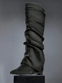 Solezae Women's Knee-High Pointed Toe Slouch Wedge Boots, Suitable For Daily Casual & Holiday Wear - Black - View 6