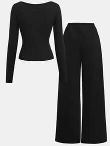 Girlism 少女黑色罗纹针织长袖立领撞色饰边纽扣设计紧身上衣 T 恤搭配黑色褶皱阔腿裤休闲街头时尚运动两件套 - 黑色 - 查看 2