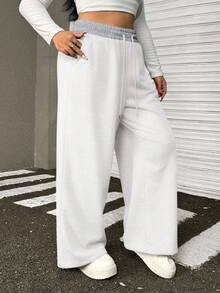 Muchica Plus Size Women's Letter Graphic Drawstring Waist Pockets Loose Sweatpants, White - White - View 4