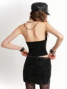 Bloopia Punk Rock Chic Sexy Fashion Thu/Đông Nữ Thiết kế họa tiết ngôi sao Halloween đinh tán chắp vá PU có khóa kéo Crop Top & Chân váy ngắn 2 món - màu đen - Xem 2