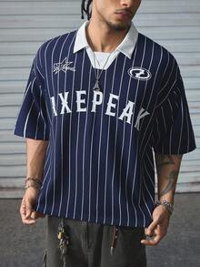 AXEPEAK 休闲运动棒球 Polo 衫，字母印花，拼色，短袖，短款，男款 - 藏蓝色 - 查看 5