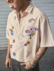 AXEPEAK Men's Cross Stripe Short Sleeve Single-Breasted Casual Shirt