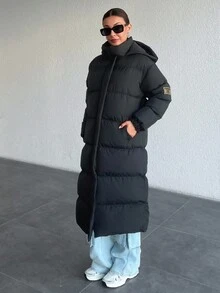 EURMUSE Premium Quality, Keep Warming, Label At Sleeve, Long Line Puffer Wintercoat - Black - View 6