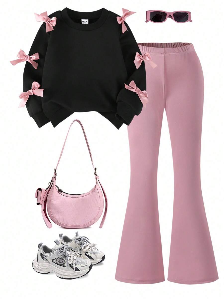 Sparklyn 2件套女童休闲时尚粉色蝴蝶结黑色上衣和粉色裤子运动服套装 - 彩色 - 查看 1