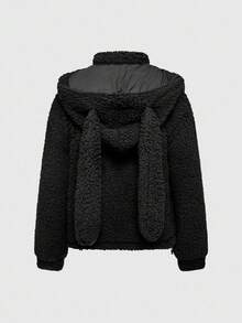 ROMWE Avant 女式纯色 3D 耳朵设计长袖前拉链连帽羊毛夹克，秋冬 - 黑色 - 查看 2