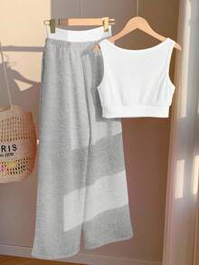 Comfortcana 2 pezzi/set Top a canotta con stampa di lettere e pantaloni a blocchi di colore a contrasto, crema e giallo, adatto per vacanze estive - Grigio - Visualizzare 2