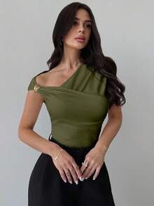 Firerie Camiseta ajustada modesta con hombro asimétrico, cintura fruncida, elegante para uso diario, color blanco - Verde militar - Ver 8