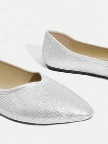 CUCCOO TILAWA Fashionable Pointed Toe Slip-On Silver Rhinestone Embellished Luxury Women Flat Shoes, Comfortable Everyday Wear - Silver - View 8