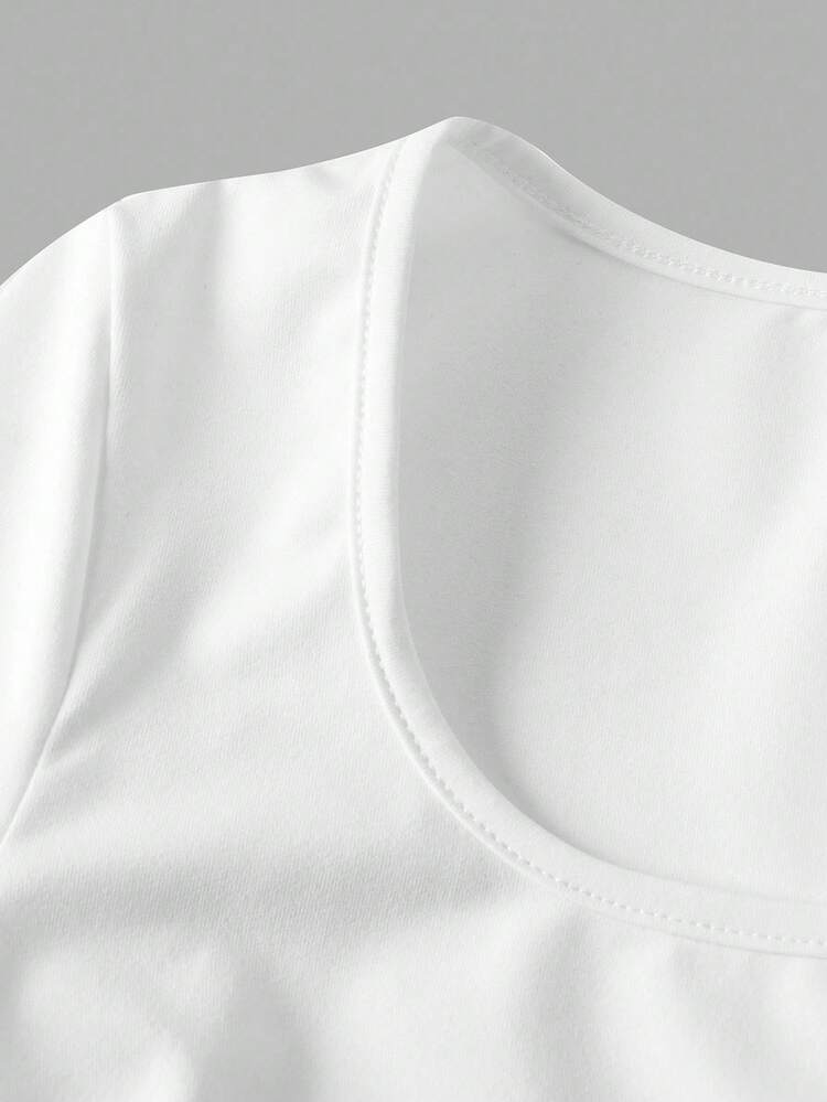 SHEIN Girlism 青少年女孩修身休闲简约舒适方领长袖T恤 - 白色 - 查看 3