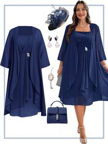 Ellevyn Conjunto elegante de chaqueta de manga 3/4 de frente abierto y vestido con tirantes gruesos para mujer de talla grande de unicolor - Azul Marino - Ver 1