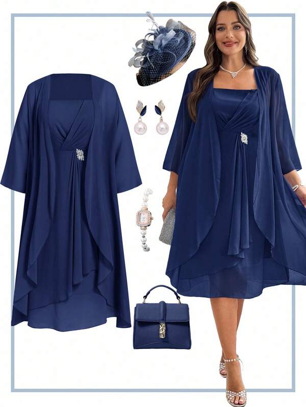 Ellevyn Plus Size Women's Solid Color 3/4 Sleeve Open Front Jacket And Thick Strap Dress Elegant Set