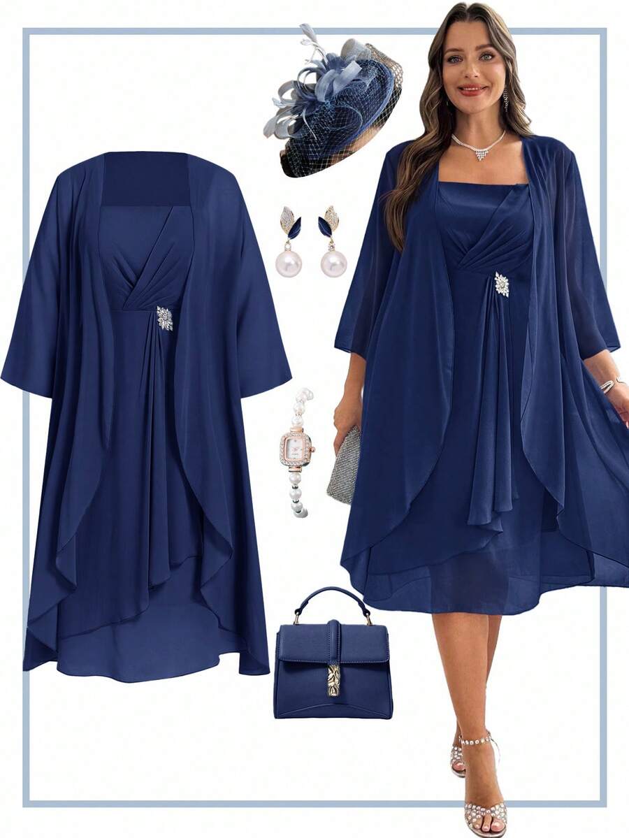 Ellevyn Conjunto elegante de chaqueta de manga 3/4 de frente abierto y vestido con tirantes gruesos para mujer de talla grande de unicolor - Azul Marino - Ver 1