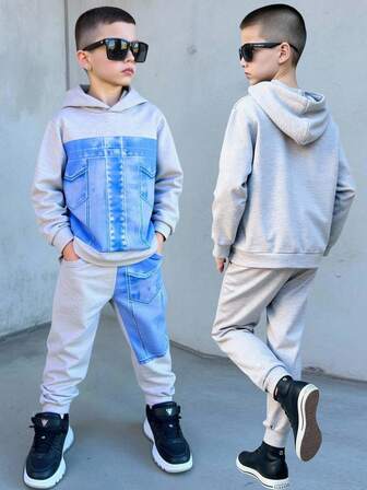 Set de sudadera y pantalón de chándal con estampado de mezclilla en estilo casual de calle para niño preadolescente, adecuado para ir y venir, la escuela, uso casual diario, deportes, primavera/verano/otoño/invierno