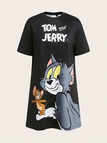 TOM & JERRY X SHEIN Women's Letter & Cartoon Pattern Black Short Sleeve Sleep Dress