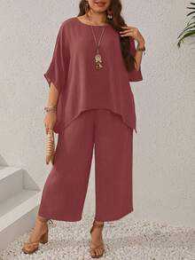 EMERY ROSE 大码女式深蓝色蝙蝠袖圆领衬衫和阔腿裤套装，带口袋，适合夏季 - 粉色 - 查看 3