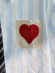 Manfinity Unisex 男士条纹短袖心形口袋休闲宽松衬衫 - 藍色 - 查看 4