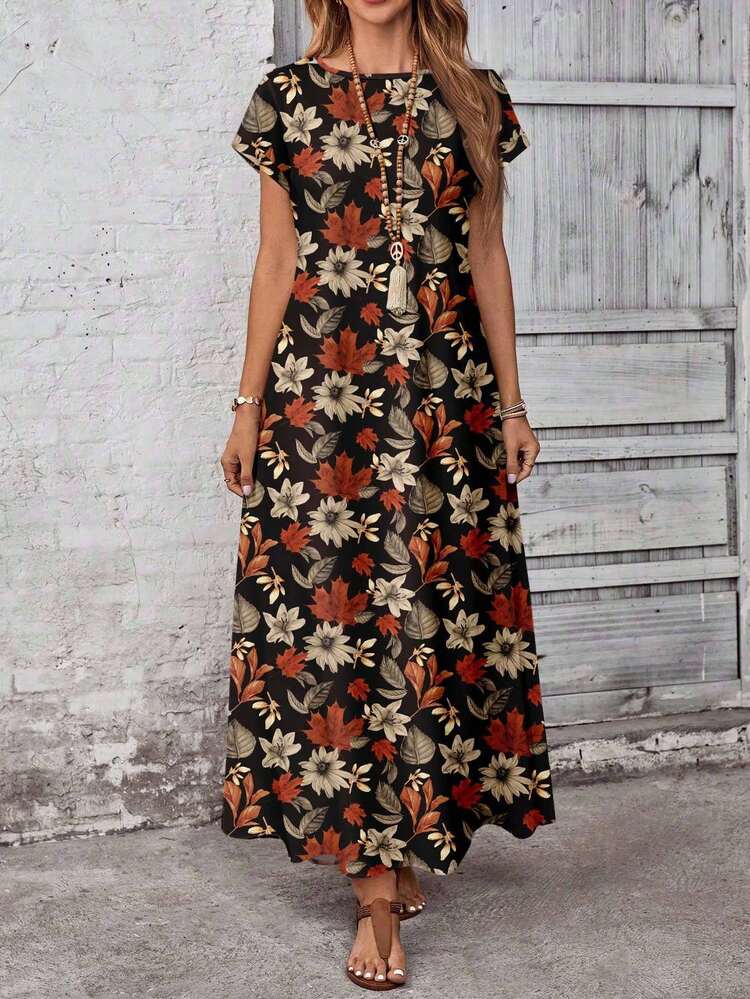 EMERY ROSE Casual Versatile Retro Autumn Leaf Flower Pattern Summer Dress For Women, Suitable For Outings - Multicolor - View 5