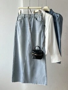 SHEIN LUNE Women's Frayed Hem Washed Denim Skirt - Baby Blue - View 1