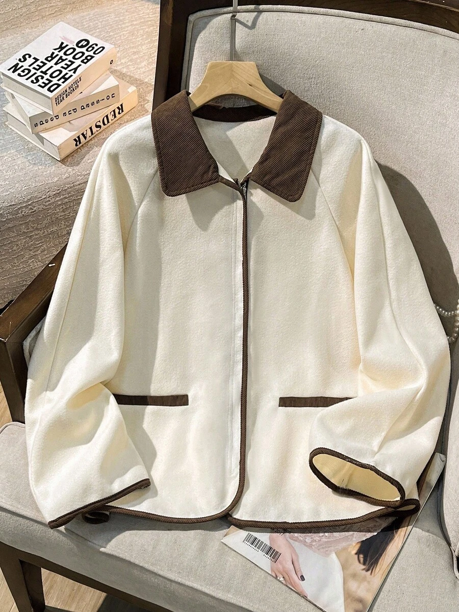 Lacomfia 2025 Autumn/Winter New Arrival Color Block Lapel Loose Casual ...