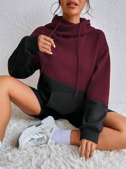 SHEIN Unity Women's Casual Contrast Color Drop Shoulder Long Sleeve Drawstring Sweatshirt, Autumn/Winter