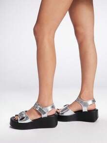 Sugerpunk Women's Fashion Thick Sole Silver Metallic Double Buckle Open Toe Street Party Summer Sandals - Silver - View 4