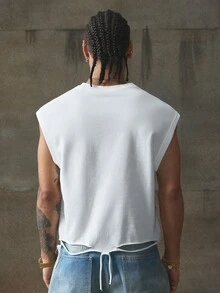 AXEPEAK Tank Top Tanpa Lengan Pria Kasual Musim Panas Warna Hitam dengan Hem Bertekstur dan Hiasan Rhinestone - Putih - View 2