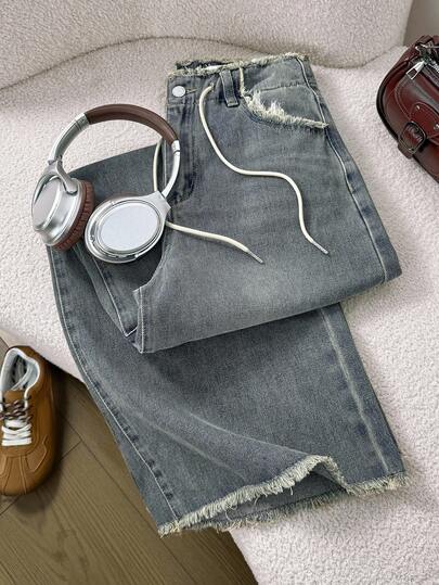 Comfortcana 秋冬工装牛仔抽绳洗水阔腿牛仔裤