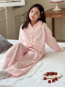 DAZY 2 件套青少年女孩休闲长袖上衣和裤子家居服套装，秋季 - 粉色 - 查看 8