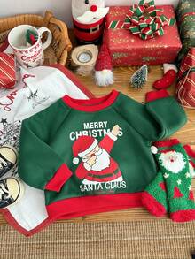 Sudadera con cuello redondo y mangas raglán con estampado de letras de dibujos animados y Papá Noel para bebé niño - Verde - Ver 8