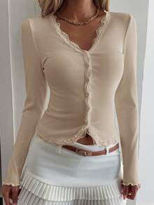 DAZY Áo khoác cardigan dài tay ôm sát viền ren cho nữ - Màu be - Xem 3