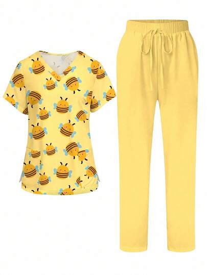 PopScrub Bộ đồ phẫu thuật cho con bú tay ngắn cổ chữ V in hình chú ong vàng và sự thịnh vượng cỡ lớn dành cho nữ