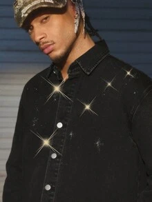 AXEPEAK Men Washed Rhinestone Denim Jacket, Brand High-End Lapel Stylish Short Jacket, Fall - Black - View 3